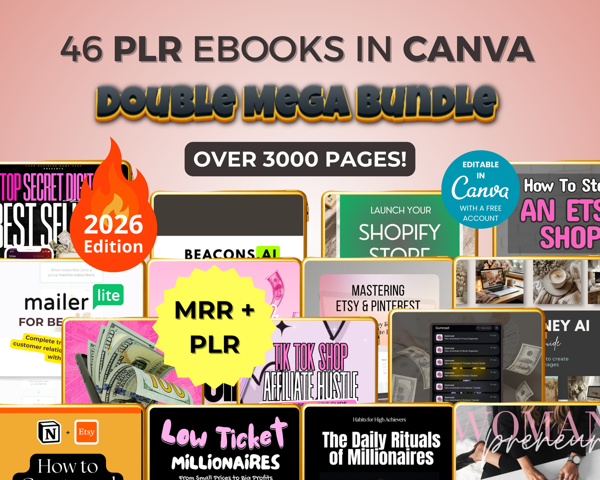 Double Mega Bundle of 46 PLR Ebooks in Canva